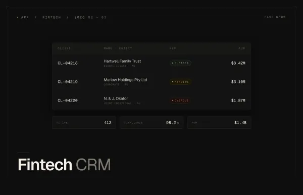 Fintech CRM case-study thumbnail — client table with KYC status pills and AUM stats